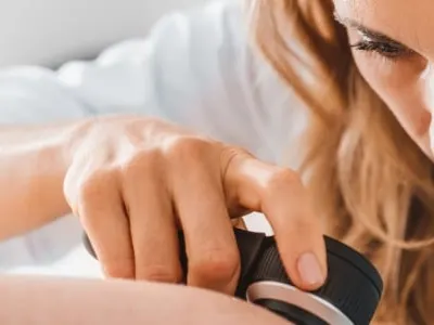 A clinician examining a person's forearm closely with a handheld dermatoscope