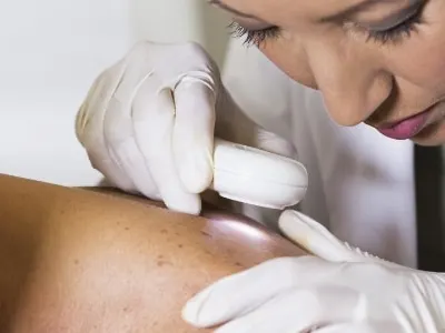 A clinician in a white coat and gloves examining a man's shoulder skin with a handheld device