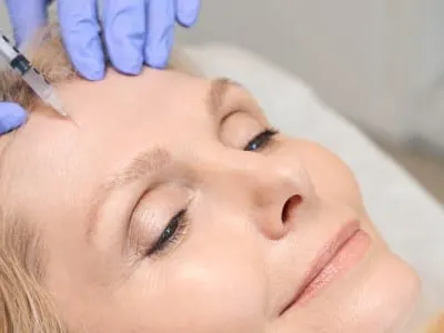 A woman lying back as a clinician in purple gloves injects her forehead with a syringe