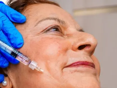 An older woman receiving a facial injection at the cheek from a clinician in blue gloves