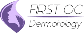 The First OC Dermatology logo: a purple profile of a woman's face beside the words FIRST OC Dermatology